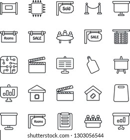 Thin Line Icon Set - fence vector, flight table, presentation board, meeting, clipboard, clapboard, sale, rooms, sold signboard, smart home, cutting, chip