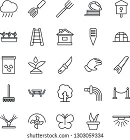 Thin Line Icon Set - fence vector, garden fork, farm, ripper, rake, ladder, seedling, tree, watering, glove, saw, butterfly, house, rain, hose, knife, plant label, greenhouse, seeds, picnic table