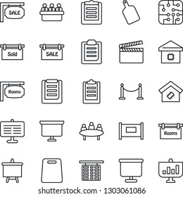 Thin Line Icon Set - fence vector, flight table, presentation board, meeting, clipboard, clapboard, sale, rooms, sold signboard, smart home, cutting, chip