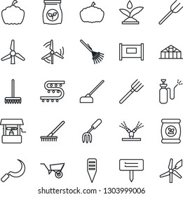 Thin Line Icon Set - fence vector, garden fork, farm, rake, wheelbarrow, well, hoe, sickle, plant label, pumpkin, greenhouse, sprayer, fertilizer, drip irrigation, windmill