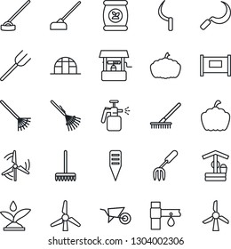 Thin Line Icon Set - fence vector, garden fork, farm, rake, wheelbarrow, well, hoe, sickle, plant label, pumpkin, greenhouse, sprayer, fertilizer, drip irrigation, windmill