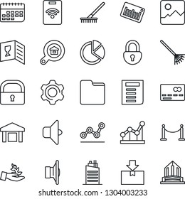 Thin Line Icon Set - fence vector, credit card, document, rake, term, warehouse, package, barcode, speaker, gallery, settings, folder, lock, pie graph, point, estate search, city house, wine, sound