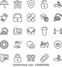 Thin Line Icon Set - fence vector, passport control, security gate, glove, hose, patch, heart shield, hand, umbrella, lock, estate insurance, intercome, water filter, home protect, palm sproute