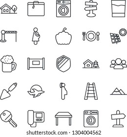 Thin Line Icon Set - fence vector, suitcase, barrier, washer, trowel, ladder, pumpkin, pregnancy, signpost, plane, shield, house with tree, sun panel, mountains, key, table, cafe, drink, beer, group