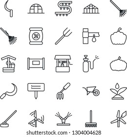 Thin Line Icon Set - fence vector, garden fork, farm, rake, wheelbarrow, well, hoe, sickle, plant label, pumpkin, greenhouse, sprayer, fertilizer, drip irrigation, windmill