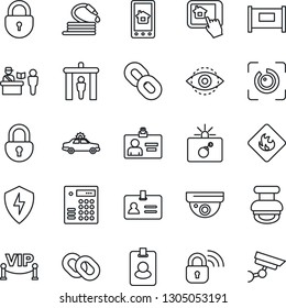 Thin Line Icon Set - fence vector, passport control, security gate, alarm car, bomb in case, identity, lock, card, hose, flammable, chain, protect, eye id, stamp, vip zone, wireless, home app, pass