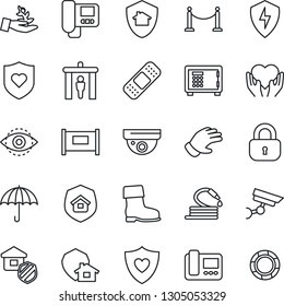 Thin Line Icon Set - fence vector, security gate, safe, glove, boot, hose, patch, heart shield, hand, umbrella, protect, eye id, lock, estate insurance, intercome, home, surveillance, palm sproute