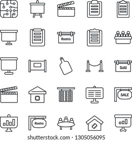 Thin Line Icon Set - fence vector, flight table, presentation board, meeting, clipboard, clapboard, sale, rooms, sold signboard, smart home, cutting, chip