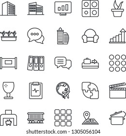 Thin Line Icon Set - fence vector, baggage conveyor, plane globe, office building, growth statistic, monitor, seedling, pulse clipboard, navigation, railroad, fragile, clapboard, dialog, menu