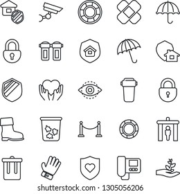 Thin Line Icon Set - fence vector, security gate, umbrella, trash bin, lock, glove, boot, patch, heart shield, hand, eye id, estate insurance, intercome, water filter, home protect, surveillance
