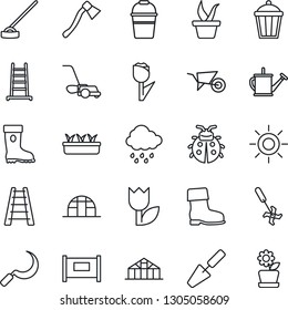 Thin Line Icon Set - fence vector, trowel, ladder, seedling, watering can, wheelbarrow, bucket, boot, lawn mower, lady bug, sun, rain, hoe, sickle, axe, garden light, greenhouse, ripper, tulip