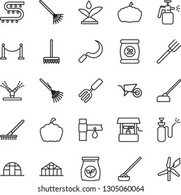 Thin Line Icon Set - fence vector, garden fork, farm, rake, wheelbarrow, well, hoe, sickle, pumpkin, greenhouse, sprayer, fertilizer, drip irrigation, windmill