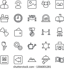 Thin Line Icon Set - fence vector, ticket office, chair, medal, manager place, watering can, broken bone, clock, tulip, group, rewind, gallery, record, support, mountains, fireplace, mailbox, menu