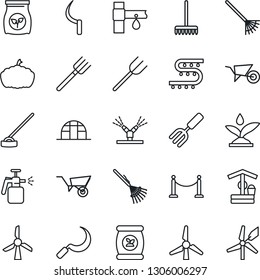 Thin Line Icon Set - fence vector, garden fork, farm, rake, wheelbarrow, well, hoe, sickle, pumpkin, greenhouse, sprayer, fertilizer, drip irrigation, windmill