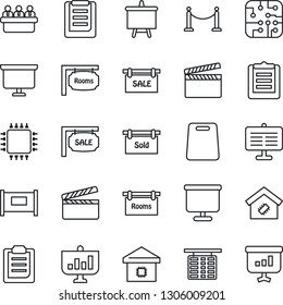 Thin Line Icon Set - fence vector, flight table, presentation board, meeting, clipboard, clapboard, sale, rooms, sold signboard, smart home, cutting, chip