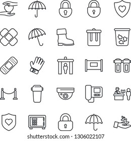 Thin Line Icon Set - fence vector, passport control, security gate, umbrella, trash bin, safe, lock, glove, boot, patch, heart shield, hand, intercome, water filter, surveillance, palm sproute