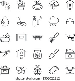 Thin Line Icon Set - fence vector, flower in pot, trowel, garden fork, ripper, wheelbarrow, watering, pruner, glove, lawn mower, butterfly, lady bug, house, water drop, rain, greenhouse, pond, bird