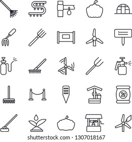 Thin Line Icon Set - fence vector, garden fork, farm, rake, well, hoe, plant label, pumpkin, greenhouse, sprayer, fertilizer, drip irrigation, windmill