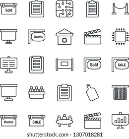 Thin Line Icon Set - fence vector, flight table, presentation board, meeting, clipboard, clapboard, sale, rooms, sold signboard, smart home, cutting, chip