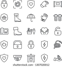 Thin Line Icon Set - fence vector, passport control, security gate, lock, glove, boot, hose, heart shield, hand, umbrella, protect, eye id, estate insurance, intercome, water filter, home