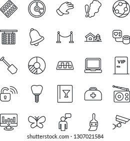 Thin Line Icon Set - fence vector, taxi, flight table, speaking man, job, statistic monitor, circle chart, glove, butterfly, doctor case, blood pressure, pills blister, implant, radio, network, bell