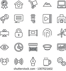 Thin Line Icon Set - fence vector, medal, circle chart, cargo, no hook, microphone, laptop pc, group, message, eye id, fingerprint, video, coffee, monitor statistics, ink pen, mountains, lock, bowl