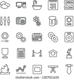 Thin Line Icon Set - fence vector, passport, clouds, pedestal, picnic table, fragile, warehouse storage, flammable, settings, chain, speaker, folder, calendar, brightness, point graph, bathroom, pc