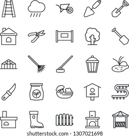 Thin Line Icon Set - fence vector, job, trowel, shovel, rake, ladder, tree, wheelbarrow, pruner, boot, house, rain, hoe, garden knife, light, fireplace, greenhouse, pond, bird, fertilizer, salad