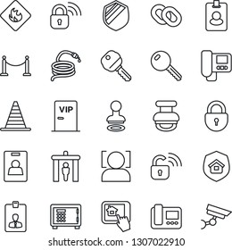 Thin Line Icon Set - fence vector, security gate, stamp, border cone, safe, lock, identity card, hose, shield, flammable, chain, face id, key, estate insurance, vip zone, wireless, intercome, pass