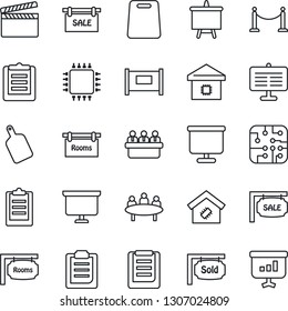 Thin Line Icon Set - fence vector, presentation board, meeting, clipboard, clapboard, sale, rooms, sold signboard, smart home, cutting, chip