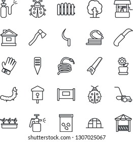 Thin Line Icon Set - fence vector, tree, glove, saw, lawn mower, lady bug, house, seedling, well, hose, sickle, garden knife, axe, plant label, greenhouse, seeds, caterpillar, bird, sprayer, alcove