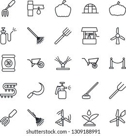 Thin Line Icon Set - fence vector, garden fork, farm, rake, wheelbarrow, well, hoe, sickle, pumpkin, greenhouse, sprayer, fertilizer, drip irrigation, windmill