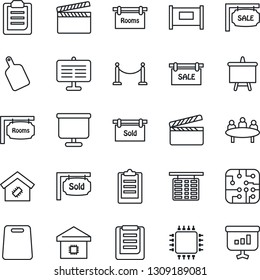 Thin Line Icon Set - fence vector, flight table, presentation board, meeting, clipboard, clapboard, sale, rooms, sold signboard, smart home, cutting, chip