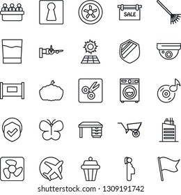 Thin Line Icon Set - fence vector, female, boarding, desk, meeting, rake, wheelbarrow, butterfly, pumpkin, pregnancy, plane, shield, cut, music, sun panel, sale, washer, city house, drink, fan, flag