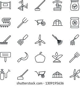 Thin Line Icon Set - fence vector, garden fork, farm, rake, wheelbarrow, well, hoe, sickle, plant label, pumpkin, greenhouse, sprayer, fertilizer, drip irrigation, windmill