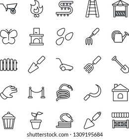 Thin Line Icon Set - fence vector, job, trowel, garden fork, ladder, seedling, watering can, wheelbarrow, glove, lawn mower, butterfly, fire, house, hose, sickle, light, fireplace, seeds, alcove