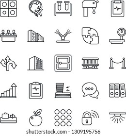 Thin Line Icon Set - fence vector, baggage conveyor, plane globe, airport building, office, growth statistic, blood test vial, pulse clipboard, route, railroad, heavy scales, dialog, menu, scanner