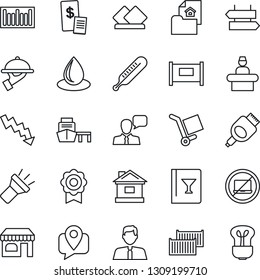 Thin Line Icon Set - fence vector, no laptop, signpost, reception, shop, crisis graph, house, water drop, thermometer, mobile tracking, cargo container, sea port, barcode, speaker, hdmi, torch, bulb