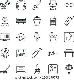 Thin Line Icon Set - fence vector, suitcase, elevator, boarding, flower in pot, shovel, rake, tree, garden knife, bench, eye, plane, truck trailer, tulip, headphones, themes, music, calendar, table