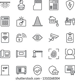 Thin Line Icon Set - fence vector, barrier, passport control, bomb in case, border cone, safe, shield, protect, sd, face id, eye, stamp, vip zone, home, fingerprint, wireless lock, intercome