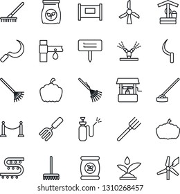 Thin Line Icon Set - fence vector, garden fork, farm, rake, well, hoe, sickle, plant label, pumpkin, sprayer, fertilizer, drip irrigation, windmill