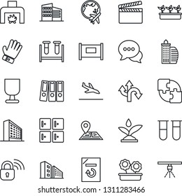 Thin Line Icon Set - fence vector, arrival, plane globe, checkroom, office building, document reload, glove, seedling, blood test vial, route, navigation, fragile, clapboard, dialog, application