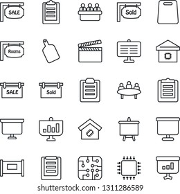 Thin Line Icon Set - fence vector, presentation board, meeting, clipboard, clapboard, sale, rooms, sold signboard, smart home, cutting, chip