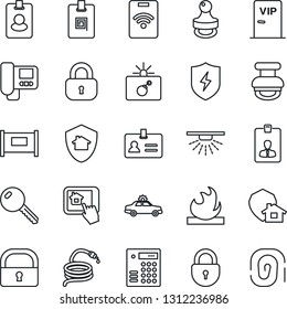 Thin Line Icon Set - fence vector, alarm car, bomb in case, identity, lock, card, hose, flammable, protect, stamp, key, vip zone, intercome, home control app, combination, pass, sprinkler