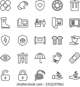 Thin Line Icon Set - fence vector, passport control, security gate, trash bin, safe, glove, boot, hose, patch, heart shield, hand, umbrella, protect, eye id, lock, estate insurance, intercome