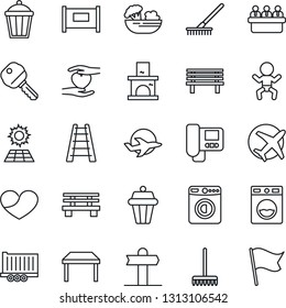 Thin Line Icon Set - fence vector, baby, washer, meeting, rake, ladder, bench, garden light, fireplace, heart hand, signpost, plane, truck trailer, sun panel, key, table, salad, intercome, flag