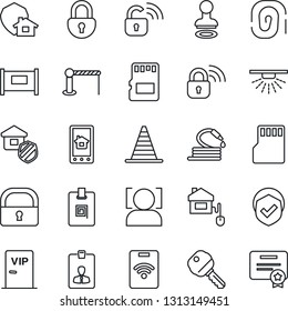 Thin Line Icon Set - fence vector, barrier, stamp, border cone, identity card, hose, shield, sd, lock, face id, key, estate insurance, vip zone, home control, wireless, app, protect, pass, sprinkler