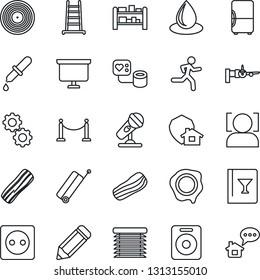 Thin Line Icon Set - fence vector, suitcase, boarding, presentation board, pencil, stamp, ladder, water drop, blood pressure, dropper, run, rack, vinyl, microphone, speaker, face id, wine card, gear