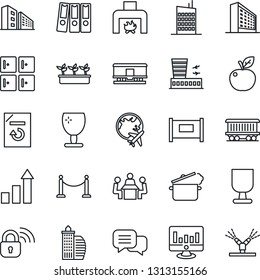 Thin Line Icon Set - fence vector, plane globe, airport building, checkroom, office, growth statistic, monitor, document reload, seedling, railroad, fragile, dialog, paper binder, meeting, fireplace