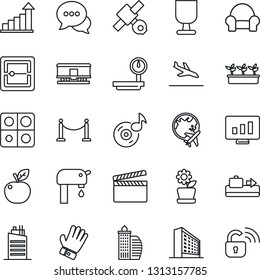 Thin Line Icon Set - fence vector, arrival, baggage conveyor, plane globe, office building, growth statistic, monitor, glove, seedling, satellite, fragile, heavy scales, railroad, clapboard, dialog